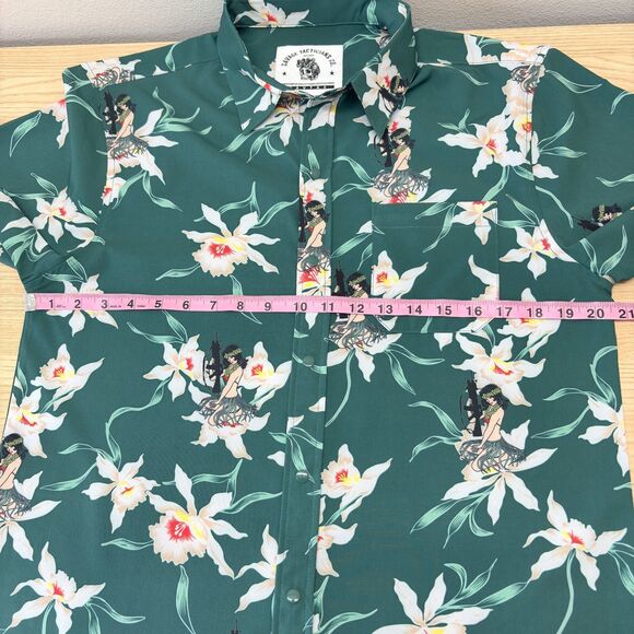 Savage Tacticians Men’s Medium Green Military Hula Girl Hawaiian Shirt Button Up - Picture 5 of 7